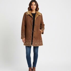 London Fog Faux Shearling coat-Brown Suede w/embroidered Trim & plush lining